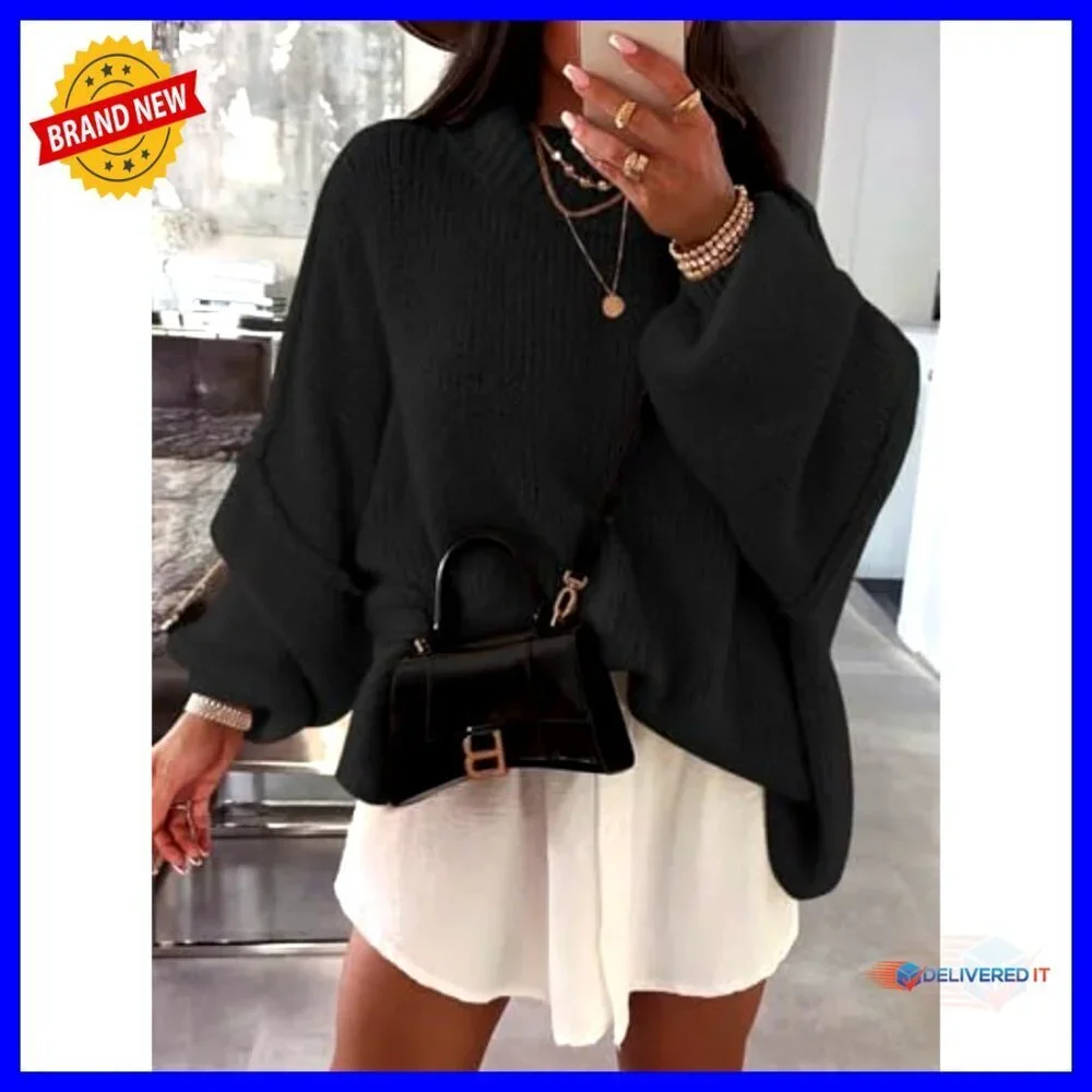 Oversized Mock Neck Batwing Sweater Ribbed Knit Tunic Casual Chic Fall